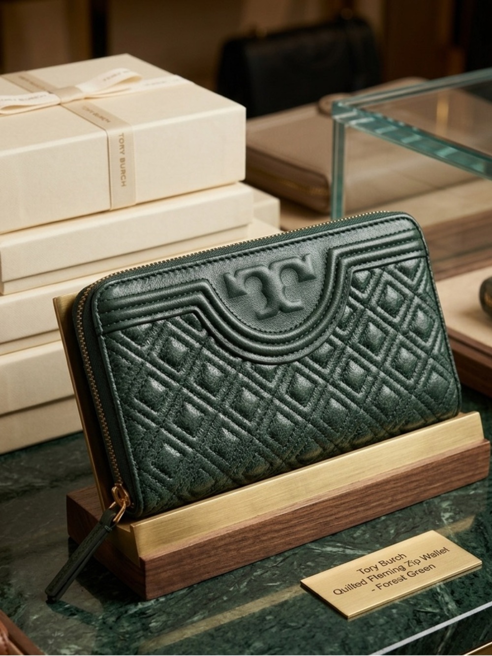 Tory Burch Fleming Quilted Leather Zip Around Continental Wallet Forest Green